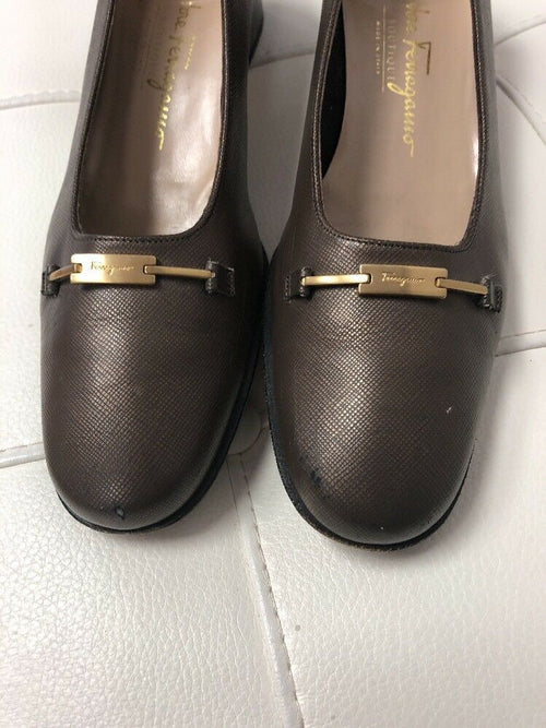 Salvatore Ferragamo Boutique Brown Leather Square Heels Pumps Size 8.5 4A Narrow