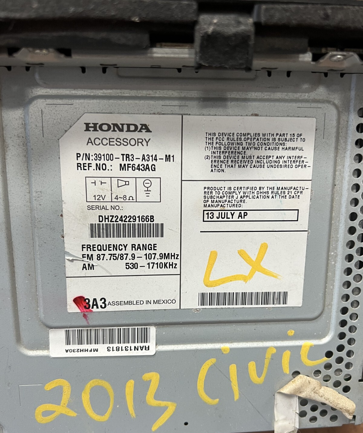 2013-2015 Honda Civic CD MP3 AM FM Radio Player with Vent OEM 39100-TR3-A314-M1
