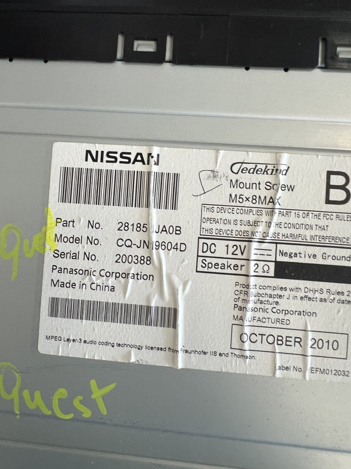 11 2011 Nissan Quest AM FM CD Player Stereo Radio Receiver OEM 28185 1JA0B