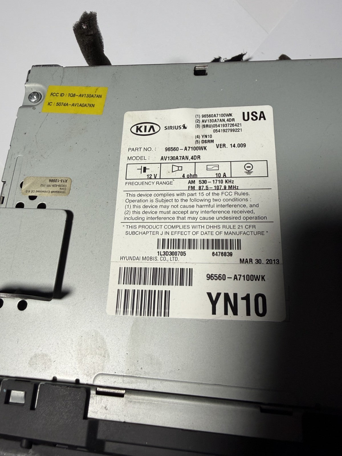 2014-2016 Kia Forte Sedona Radio Receiver CD Player Navigation 96560 A7100WK