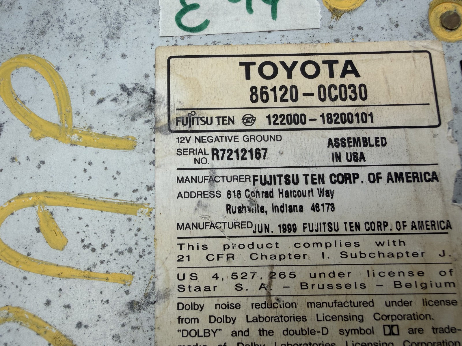 1999-2002 99 00 01 02 Toyota Solara AM FM Radio CD Player Receiver 86120 0C030