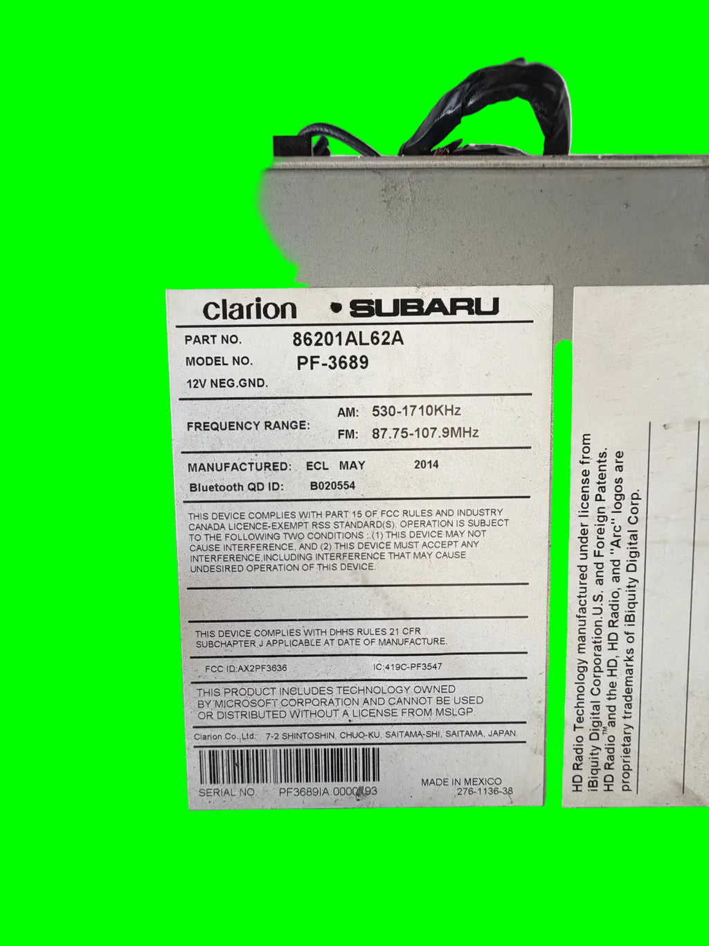 Clarion Subaru HD Radio CD MP3 head unit 86201AL62A for 2015-2017 Subaru Legacy