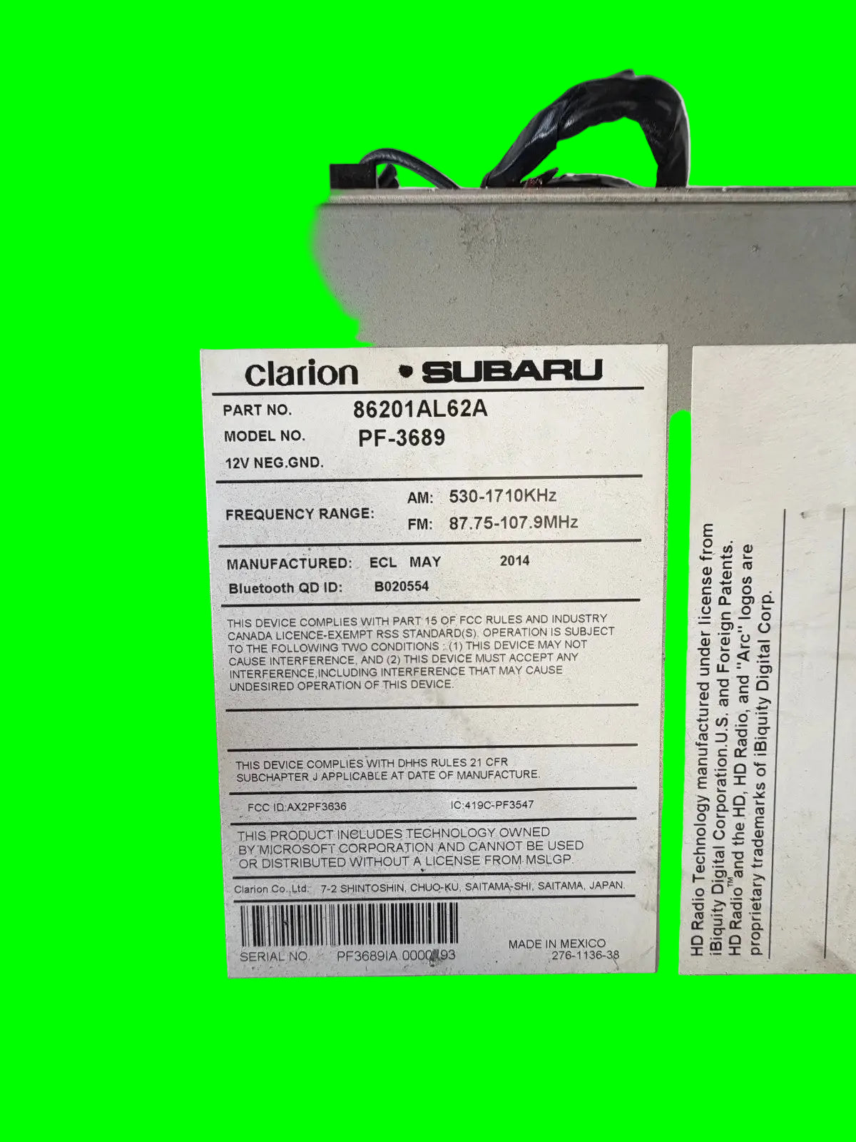 Clarion Subaru HD Radio CD MP3 head unit 86201AL62A for 2015-2017 Subaru Legacy