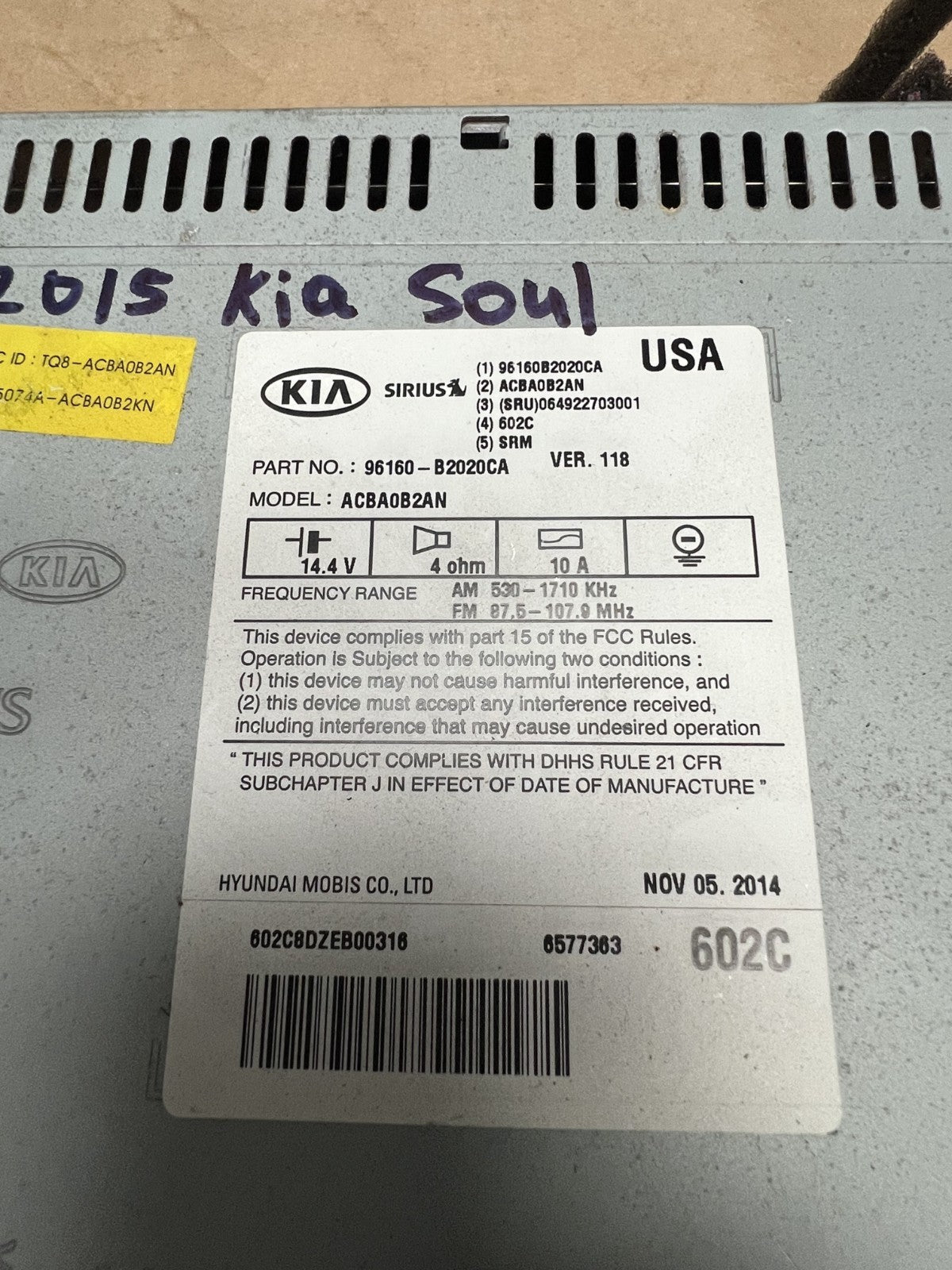 2014 2015 2016 Kia Soul AM FM CD Player Radio Receiver OEM 96160 B2020CA