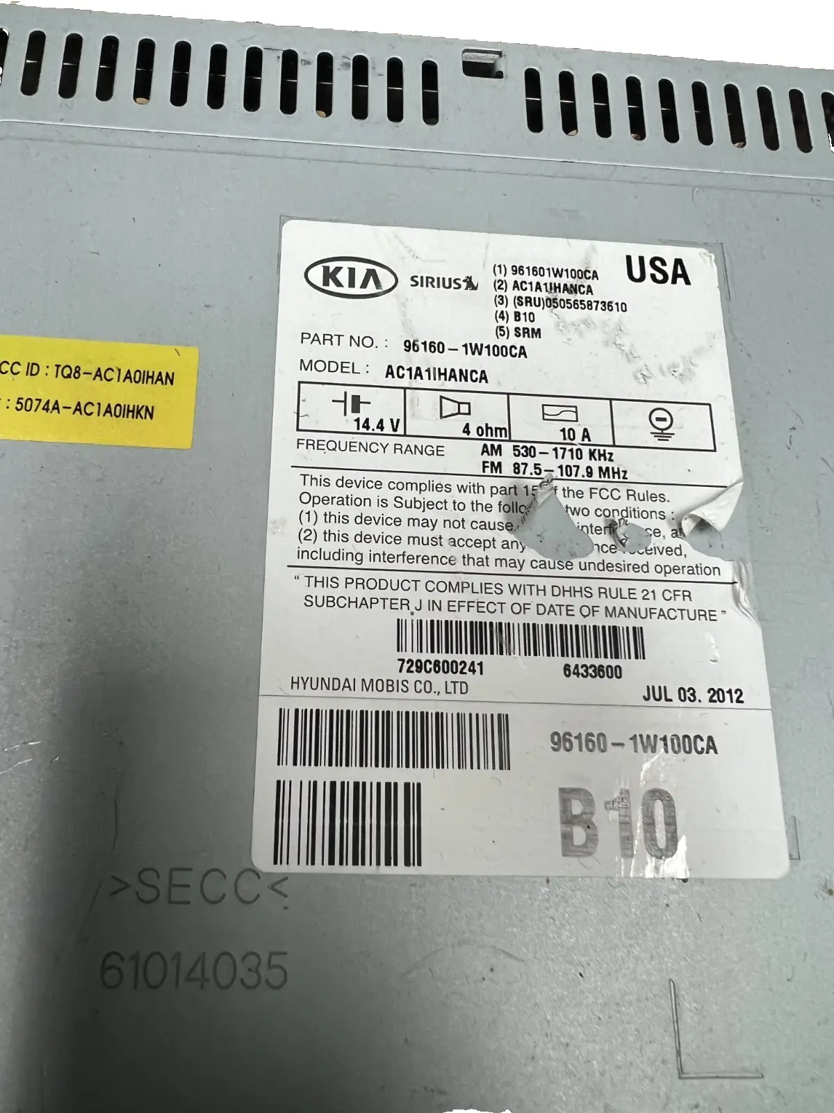 2012 2013 2014 Kia Rio Radio Stereo CD Player Display Screen 96160 1W100CA by Kia