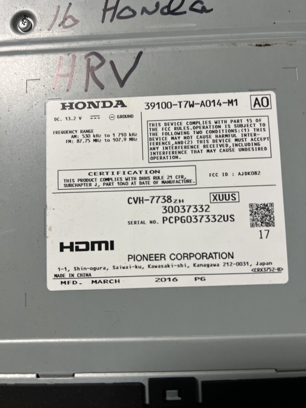 16 2016 Honda HR-V AM FM CD Audio Radio Receiver Player 39100 T7W A014 M1