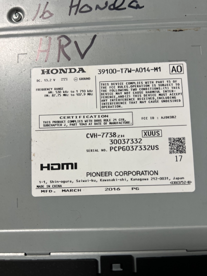 16 2016 Honda HR-V AM FM CD Audio Radio Receiver Player 39100 T7W A014 M1