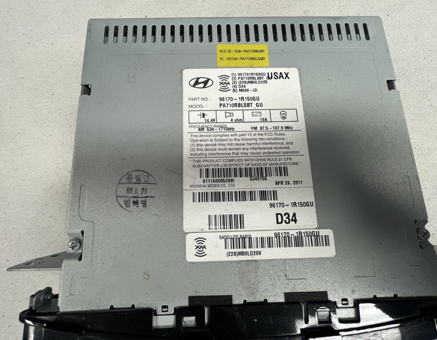 12-14 Hyundai Accent Radio AM FM Single CD Player with Bluetooth 961701R150GU