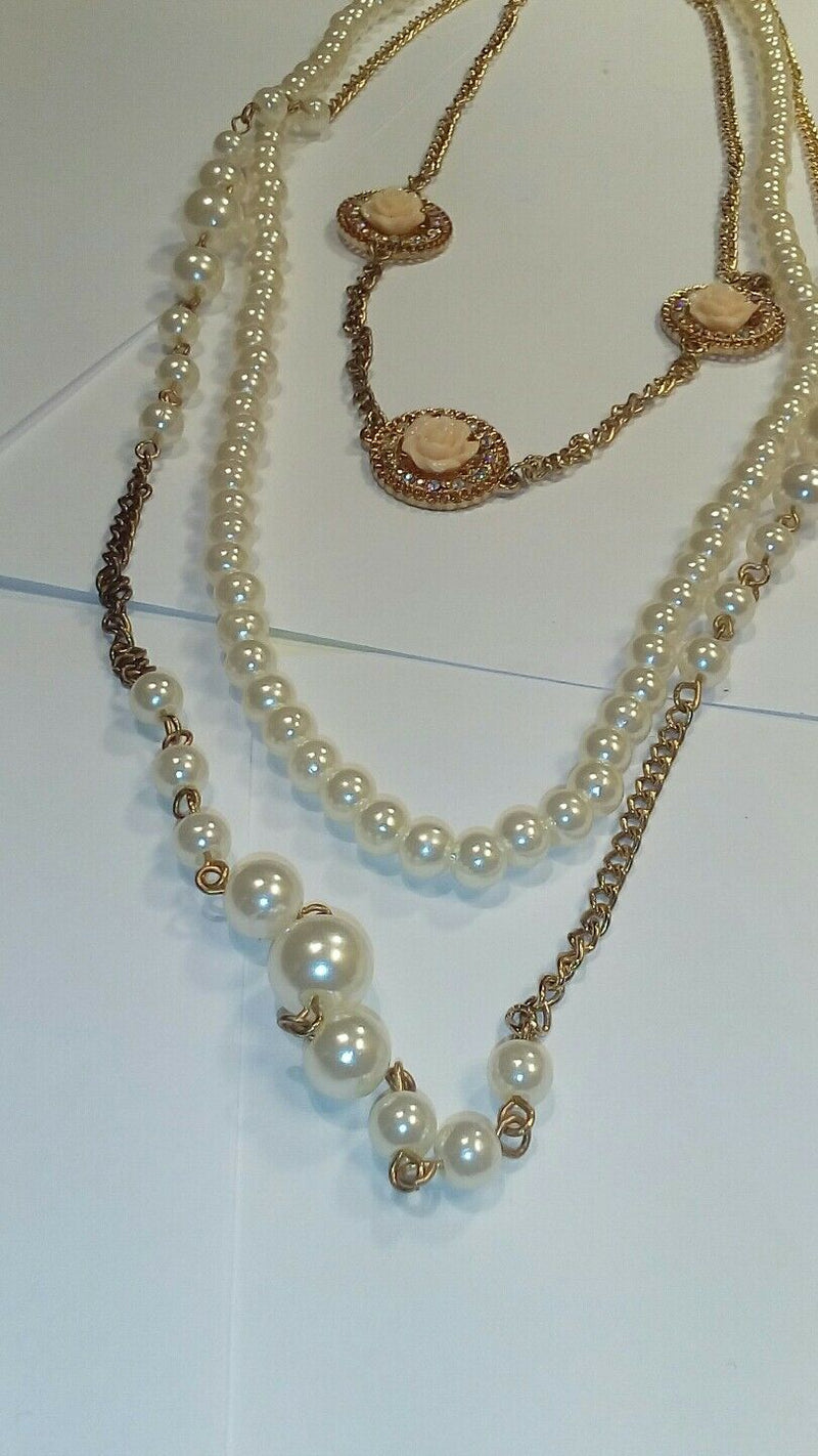 lovely  costume pearl and floral  three layered necklace