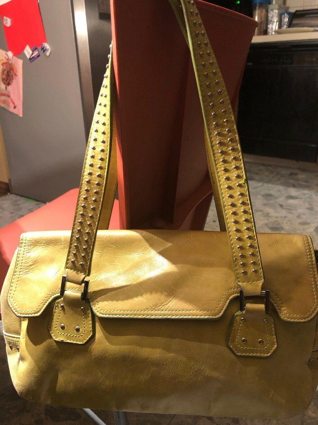 Franco Sarto Leather Satchel Clutch Bag Studded Strap Side Buckle Mustard