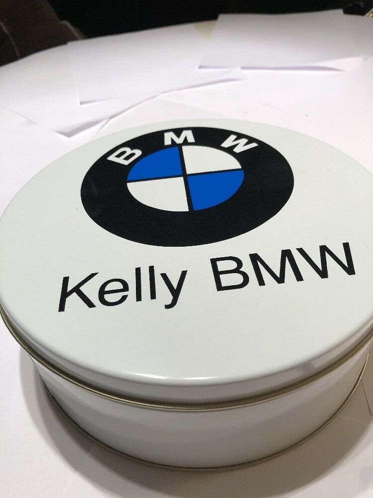 RARE NEW - ROUND BMW AUTOMOTIVE AUTO BRAND 8" DIAM X 3" H TIN METAL COOKIE CAN