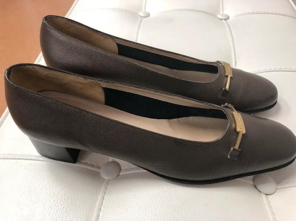Salvatore Ferragamo Boutique Brown Leather Square Heels Pumps Size 8.5 4A Narrow by Salvatore Ferragamo
