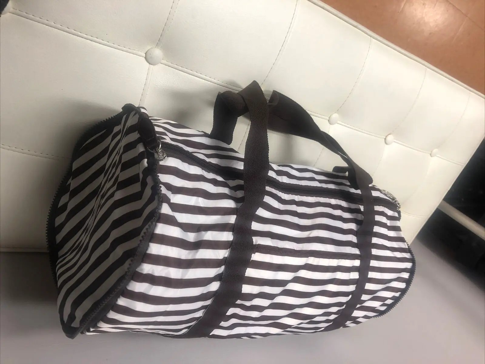 Henri Bendel Packable Travel Bag Limited Edition Brown White Stripes Foldable by Henri Bendel