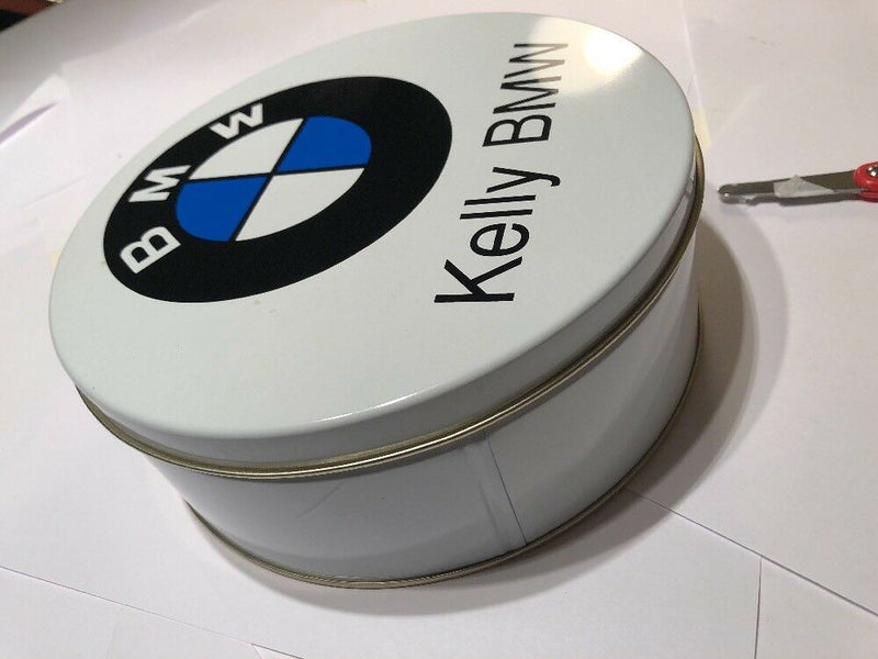 RARE NEW - ROUND BMW AUTOMOTIVE AUTO BRAND 8" DIAM X 3" H TIN METAL COOKIE CAN