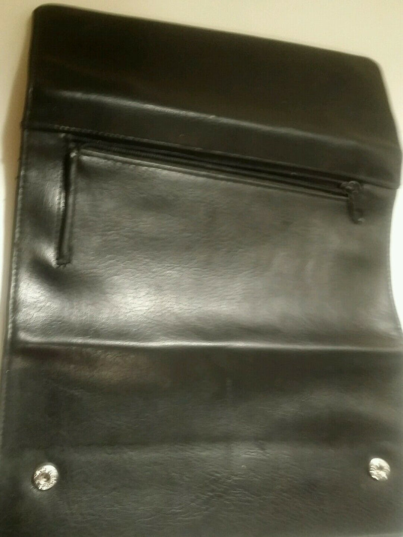 Brand star black leather snap wallet with snap closure.