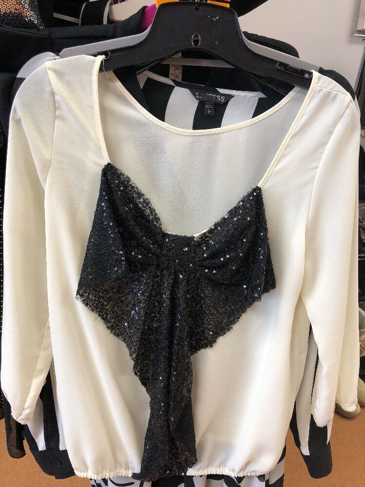 Sequin Black Bow On White Small Blouse