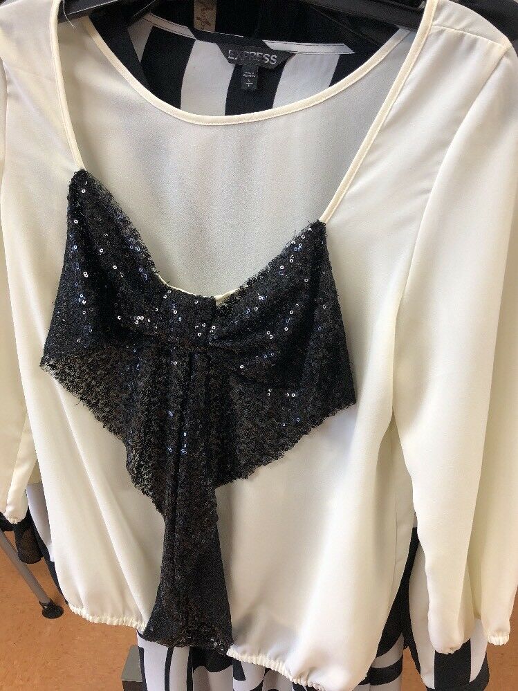 Sequin Black Bow On White Small Blouse