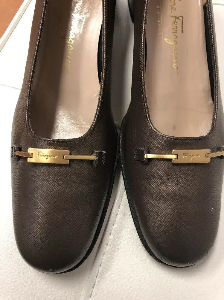 Salvatore Ferragamo Boutique Brown Leather Square Heels Pumps Size 8.5 4A Narrow by Salvatore Ferragamo