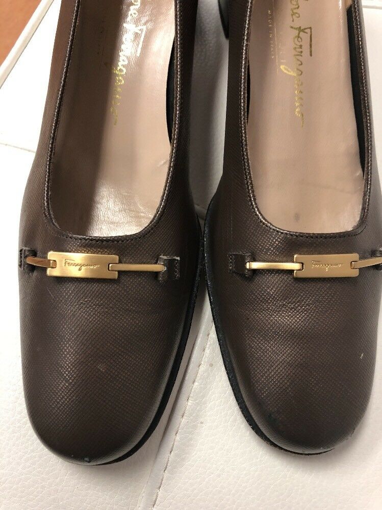 Salvatore Ferragamo Boutique Brown Leather Square Heels Pumps Size 8.5 4A Narrow