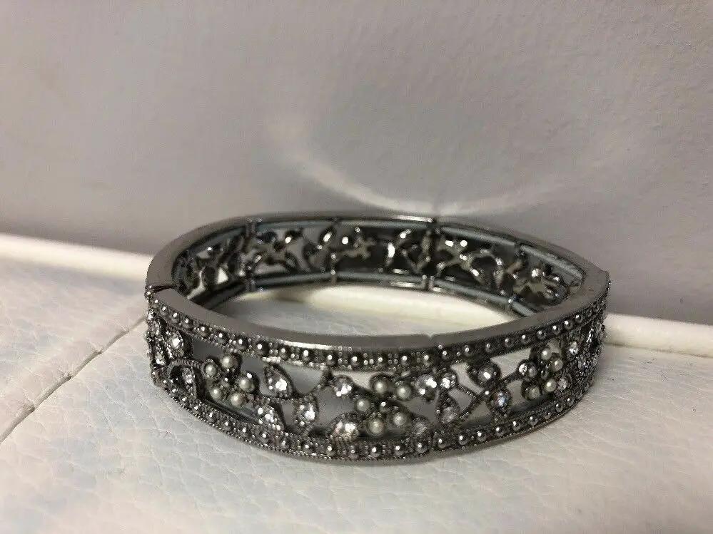 Stretchy Bracelet Floral Rhinestone Crystals Silver Tone Statement Bling SHINY by Unbranded