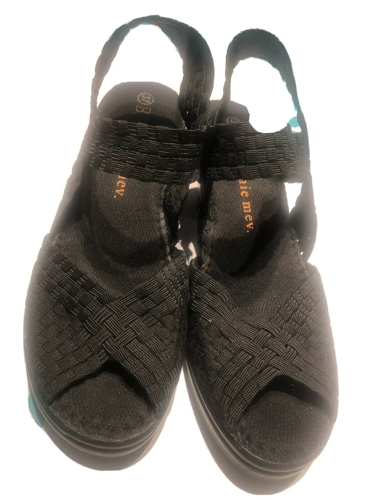 BM Bernie Mev. Beatrice Peep Toe Sandals sz 37 Black Woven Elastic Shoes Heels by Bernie Mev