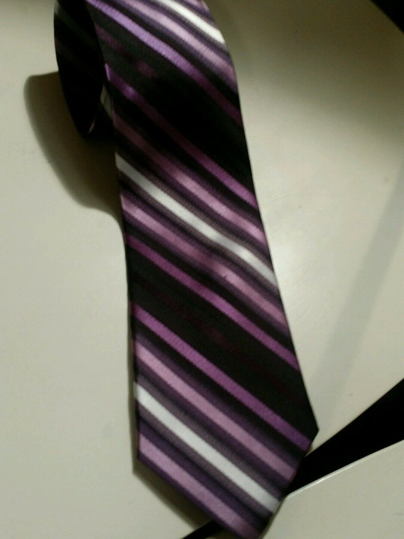 NEIMAN MARCUS Gray Black Purple White STRIPED Self-tipped Woven Silk Tie EUC