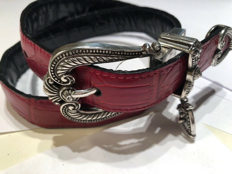 BRIGHTON RED CROCO LEATHER BELT WITH SILVER TONE ROUND HOOK BUCKLE - 5/28SMALL