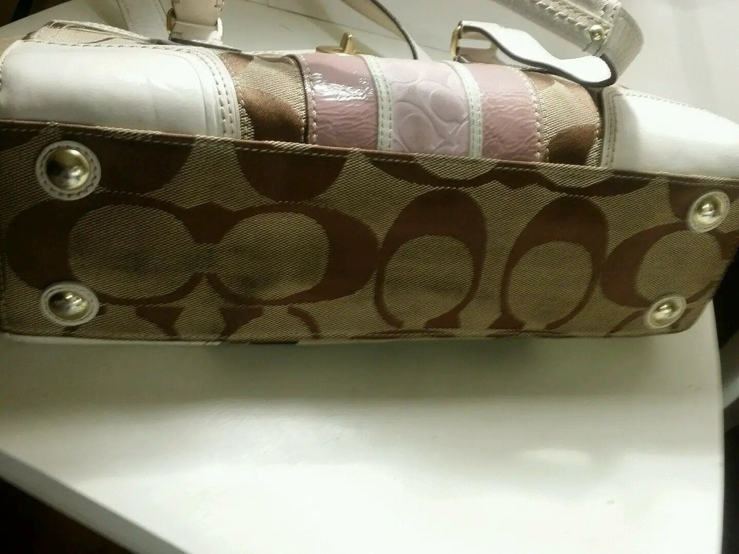 Coach signature satchel white leather trim and also mauve. by Coach