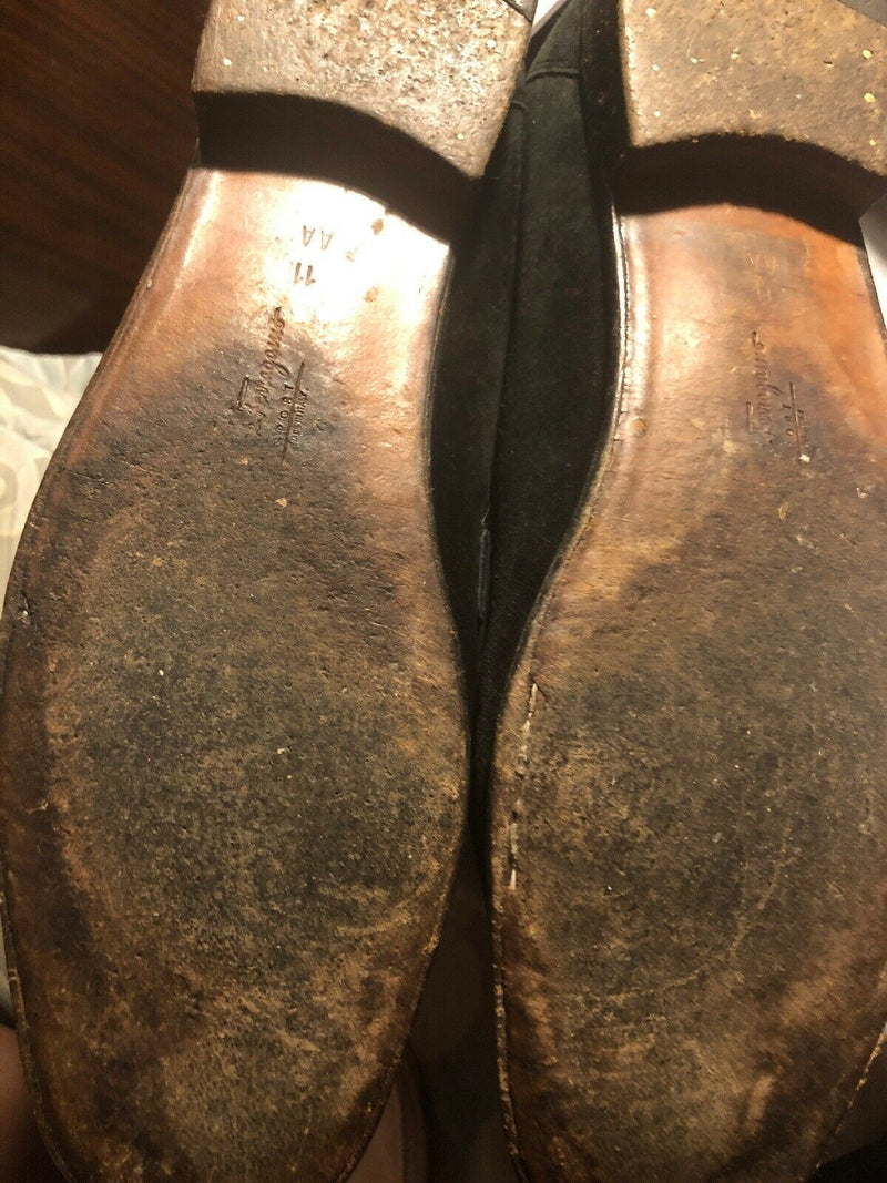 Farragamo black suede slip on loafers flats gold buckle size 11 AA
