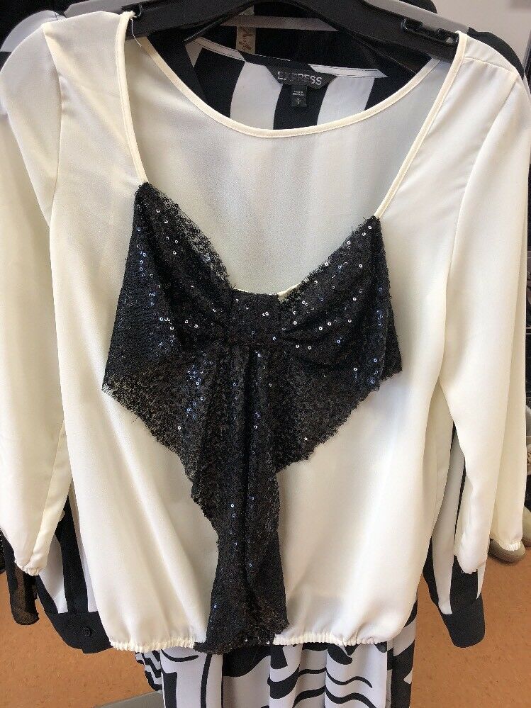 Sequin Black Bow On White Small Blouse