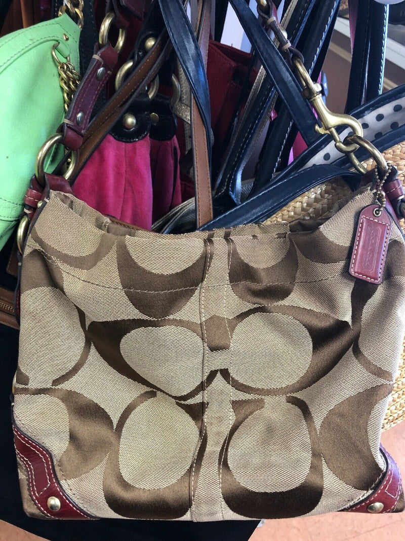 Coach Iconic Carly Signature C Khaki Light Brown Metallic Silver Hobo Bag