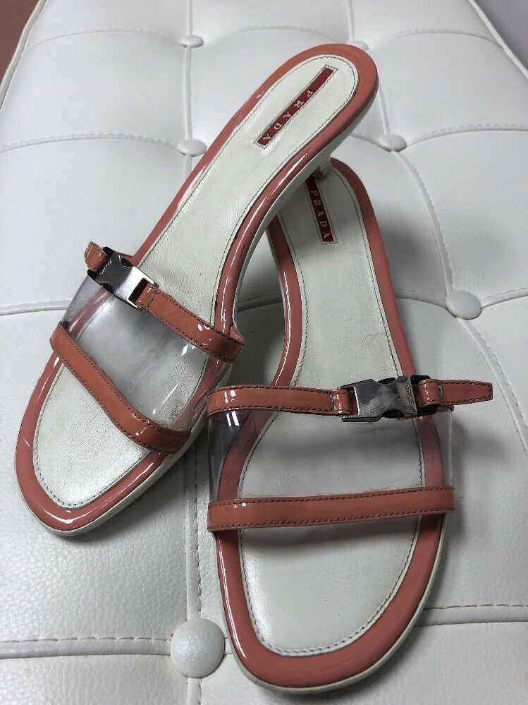 PRADA Tan Clear Leather Slides Sandals Shoes Sz 9 1/2 Kitten Heel