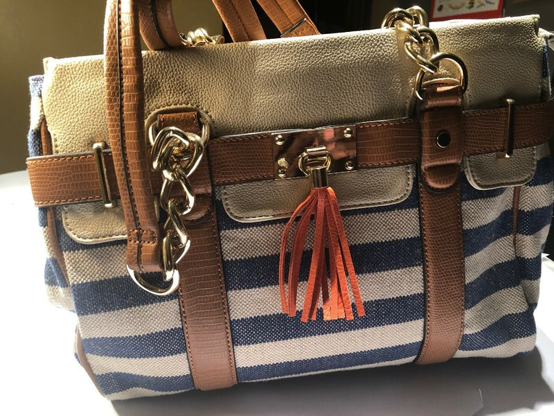 Aldo Navy & White Stripe Brown Leather Nautical Handbag Gold Chain Zipper Tassel