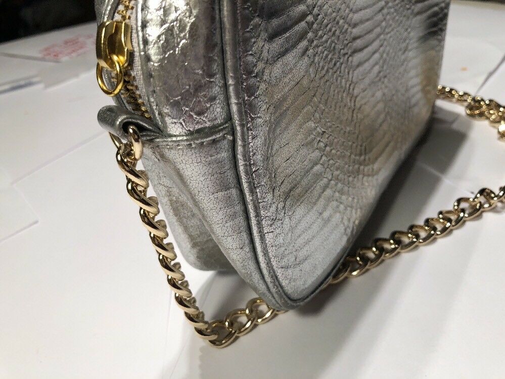 Victoria's Secret Metaillc Croc Silver Crossbody Bag Gold Chain Strap Purse