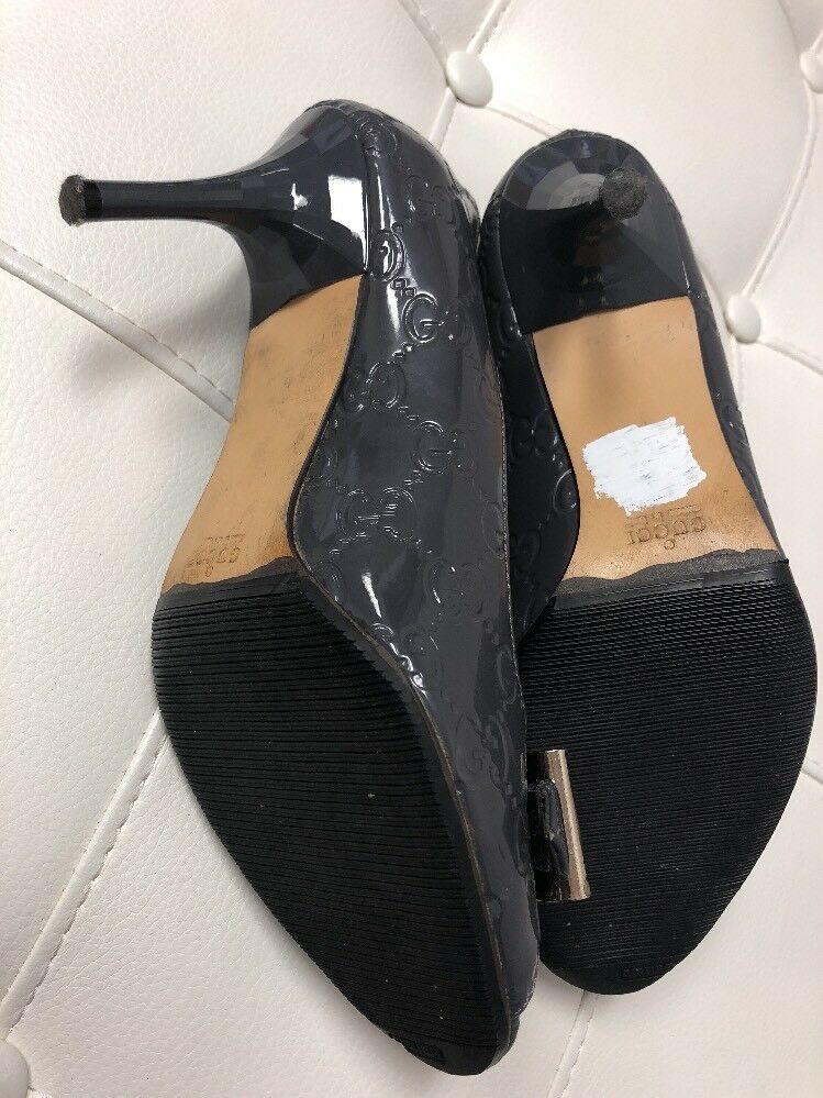 Gray Peep Toe G Patent Letter Embossed Shoes