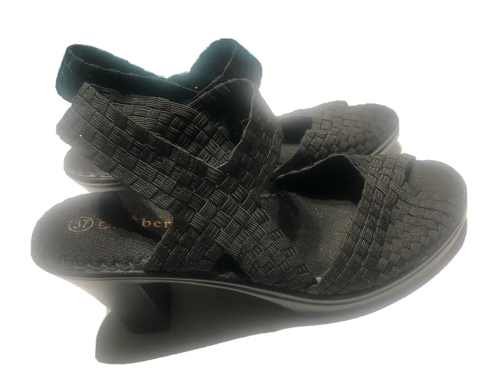 BM Bernie Mev. Beatrice Peep Toe Sandals sz 37 Black Woven Elastic Shoes Heels by Bernie Mev