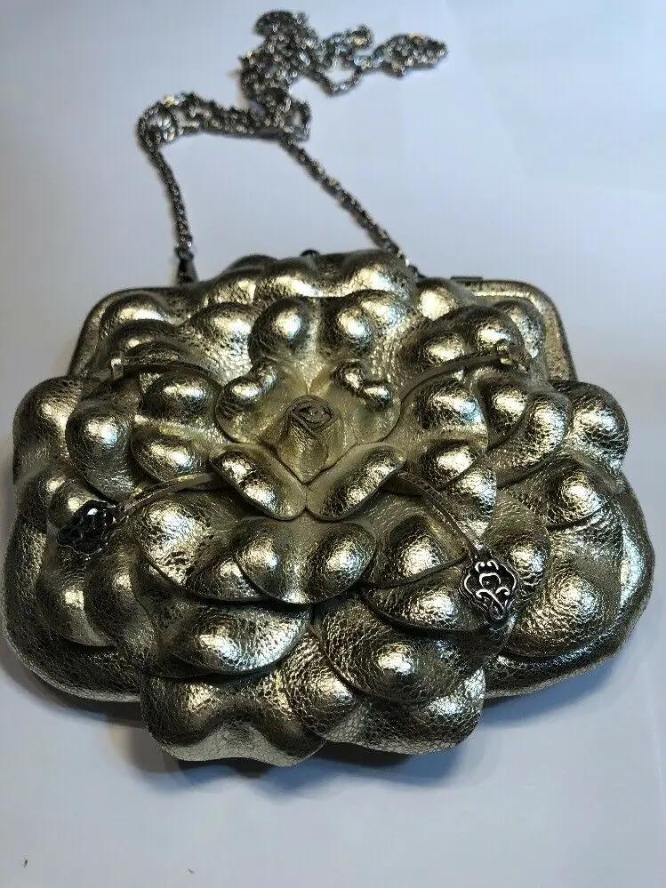 BRIGHTON Gold Metallic Leather Flower Clutch Chain Purse Handbag Kisslock by Brighton