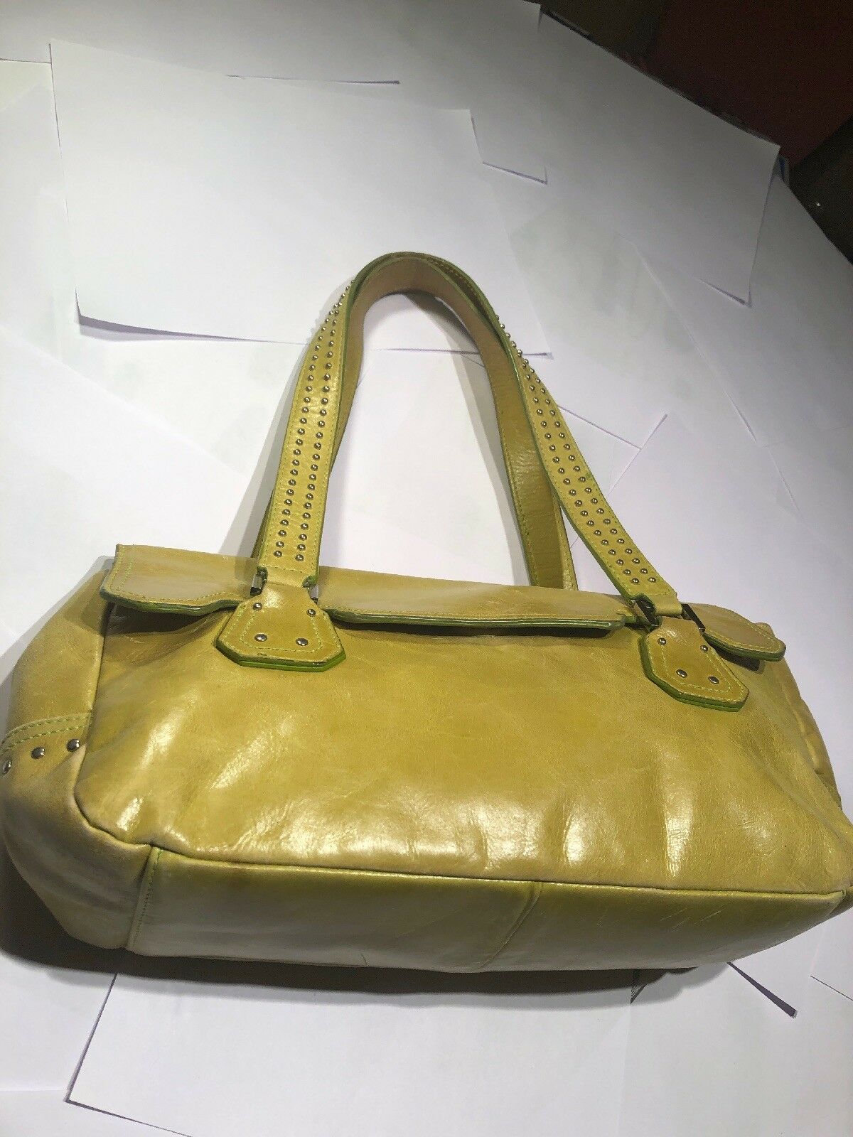 Franco Sarto Leather Satchel Clutch Bag Studded Strap Side Buckle Mustard