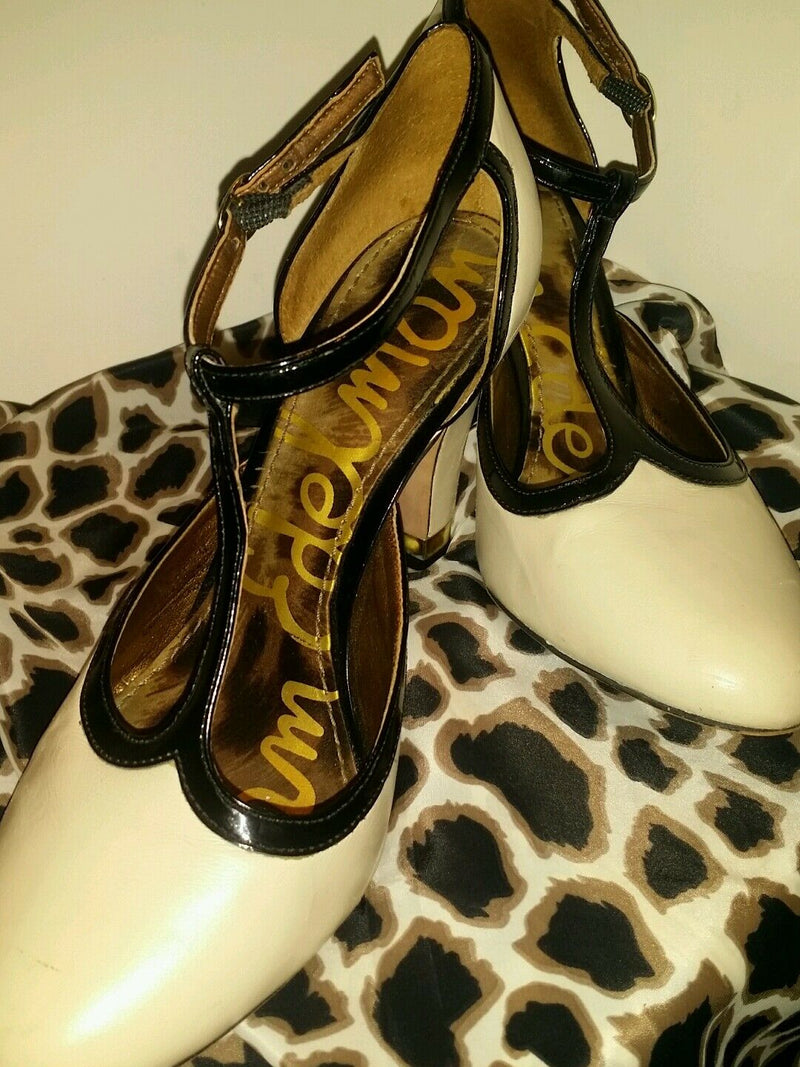 Sam eldem 3 inch strappy pump ivory white with black linning leopard soles