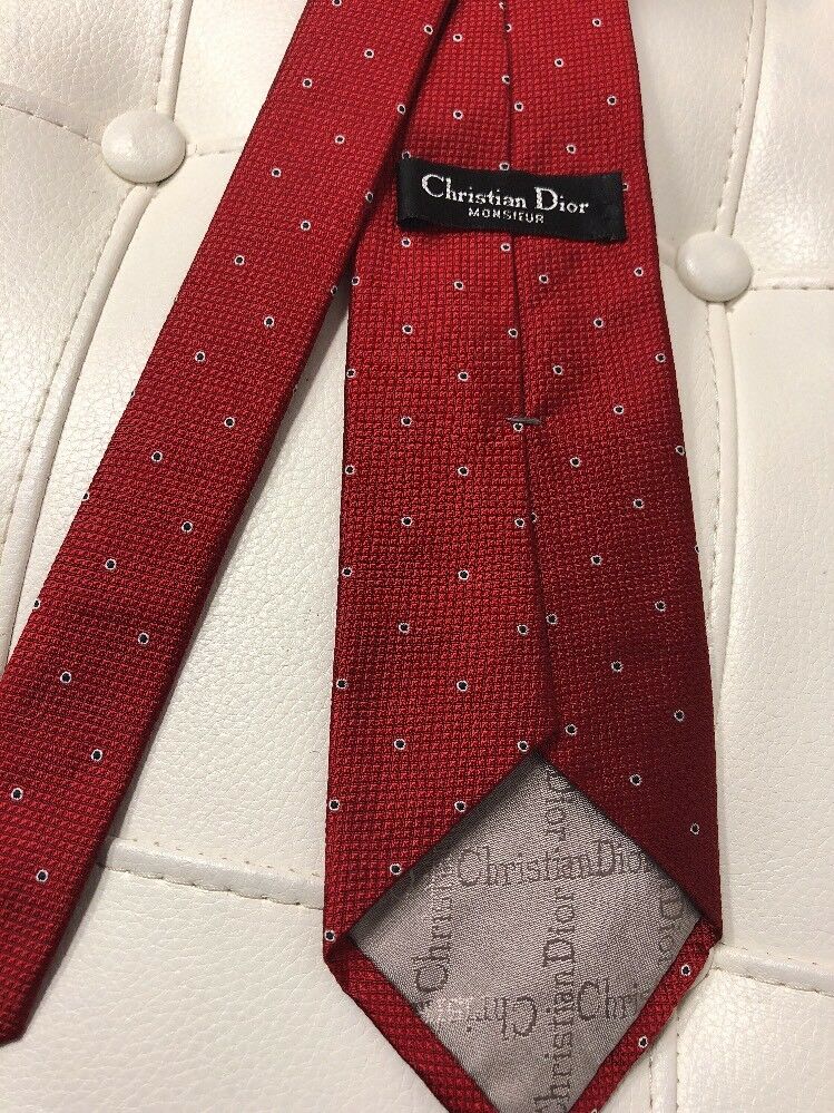Christian Dior silk tie man's red with gold squares 3 1/2" wide 55" long necktie