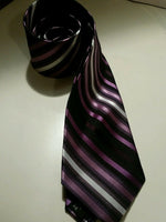 NEIMAN MARCUS Gray Black Purple White STRIPED Self-tipped Woven Silk Tie EUC