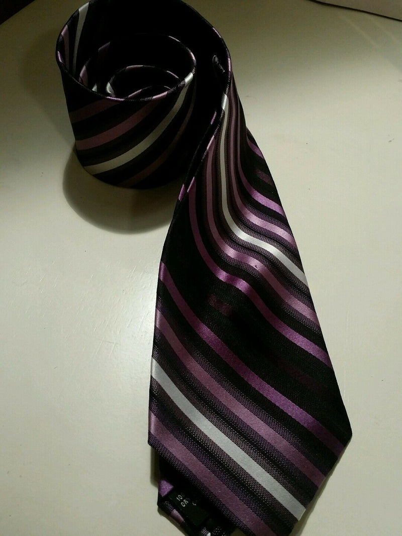 NEIMAN MARCUS Gray Black Purple White STRIPED Self-tipped Woven Silk Tie EUC