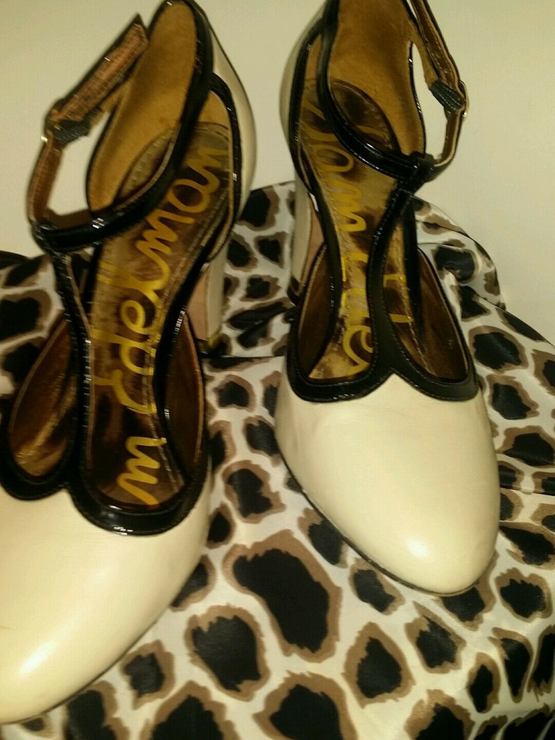 Sam eldem 3 inch strappy pump ivory white with black linning leopard soles