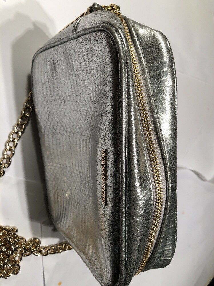Victoria's Secret Metaillc Croc Silver Crossbody Bag Gold Chain Strap Purse