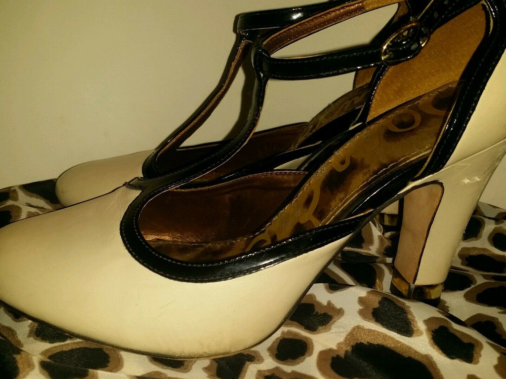Sam eldem 3 inch strappy pump ivory white with black linning leopard soles