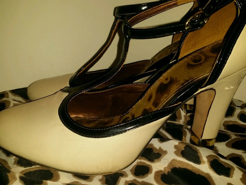 Sam eldem 3 inch strappy pump ivory white with black linning leopard soles