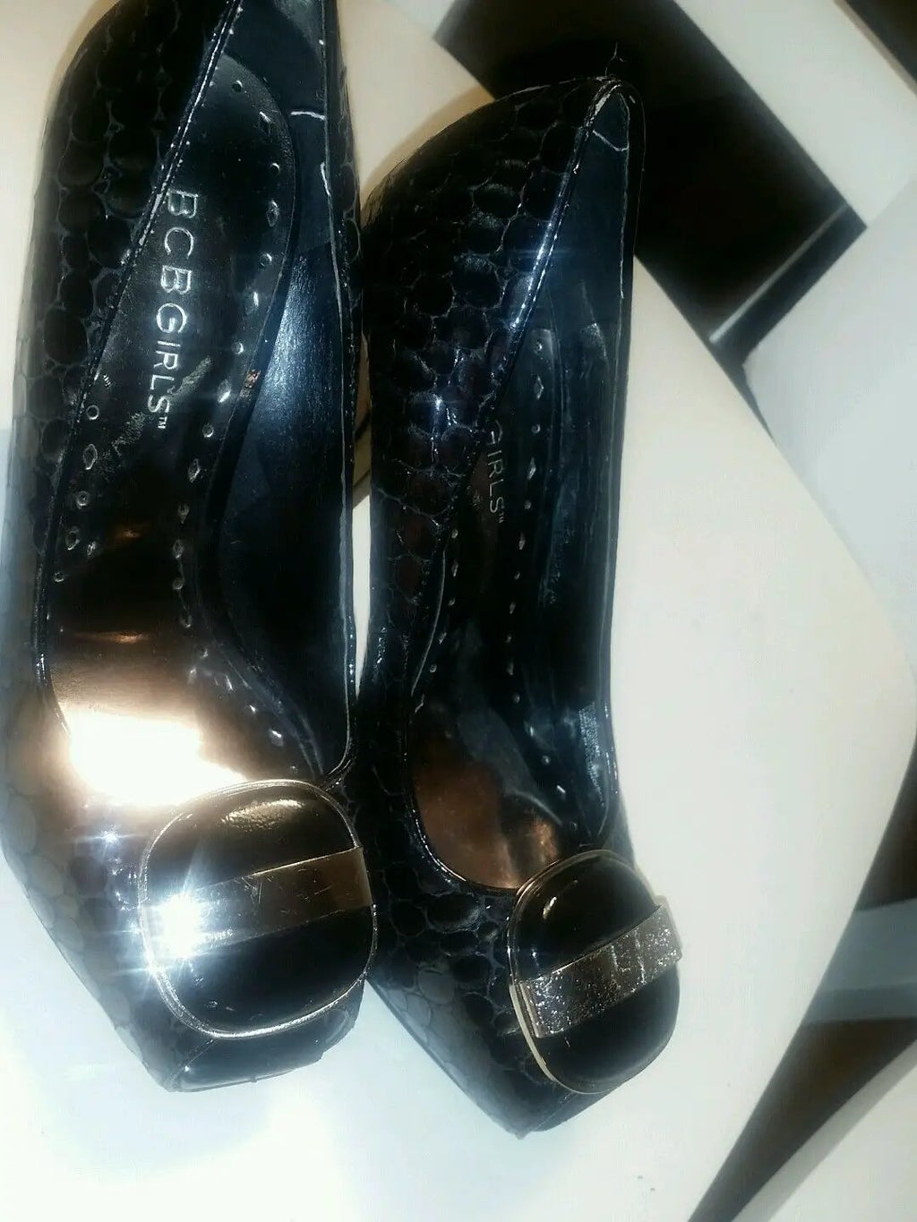 Bcbg black croco peep toe chunky heels with buckle by BCBGirls