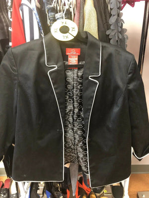 OSCAR DE LA RENTA BLAZER JACKET SZ 10 BLACK BEIGE PIPING SOFT PAD SHOULDERS EUC