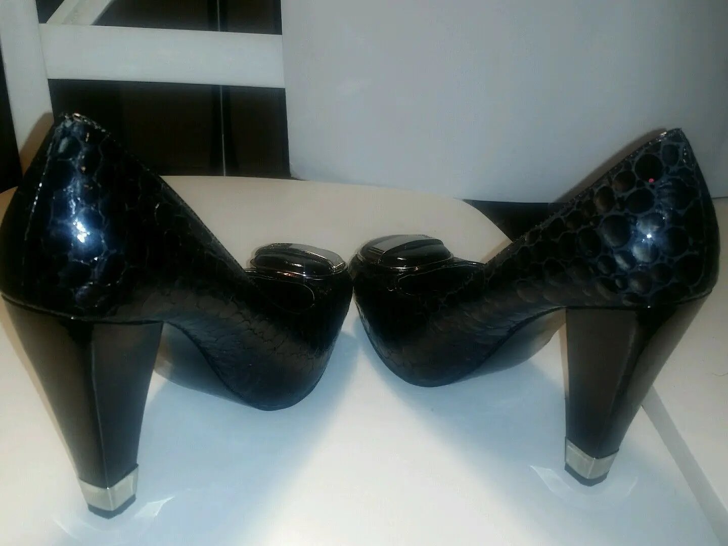 Bcbg black croco peep toe chunky heels with buckle by BCBGirls