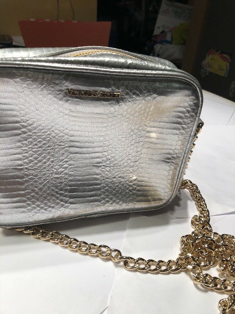 Victoria's Secret Metaillc Croc Silver Crossbody Bag Gold Chain Strap Purse
